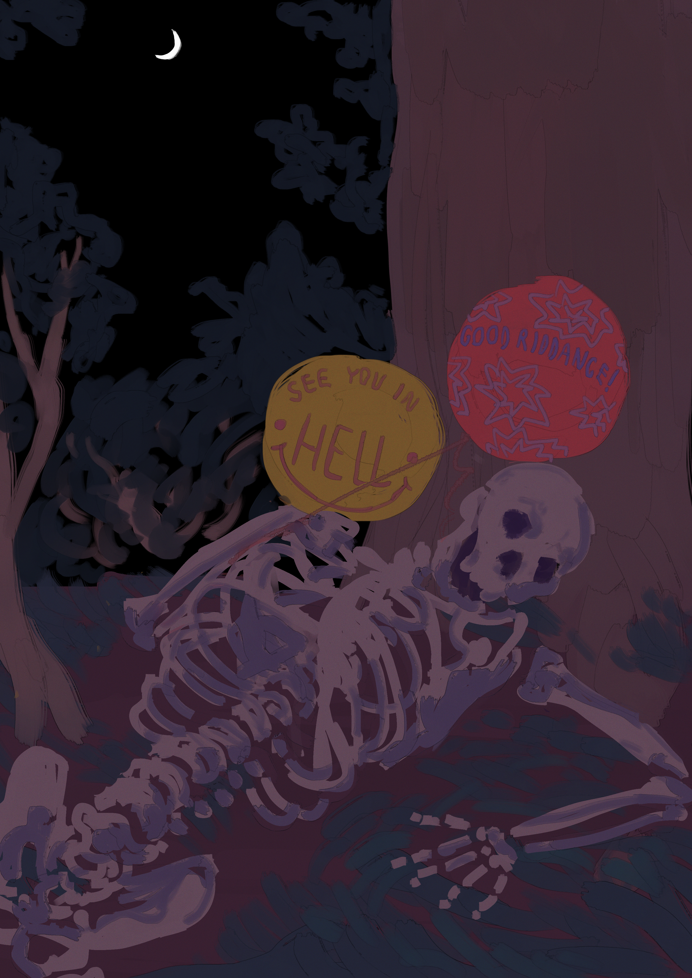 skeleton holding balloons with passive-aggressive wishes